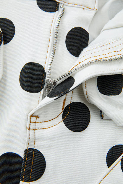 White Polka Dot Print Bow Detail Pocketed Jeans
