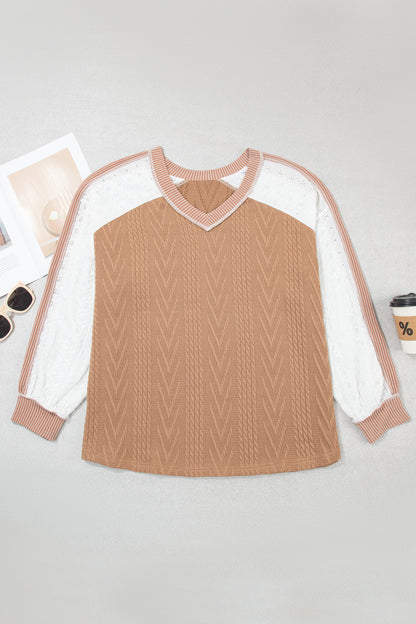 Coffee V Neck Lace Sleeve Patchwork Plus Size Blouse