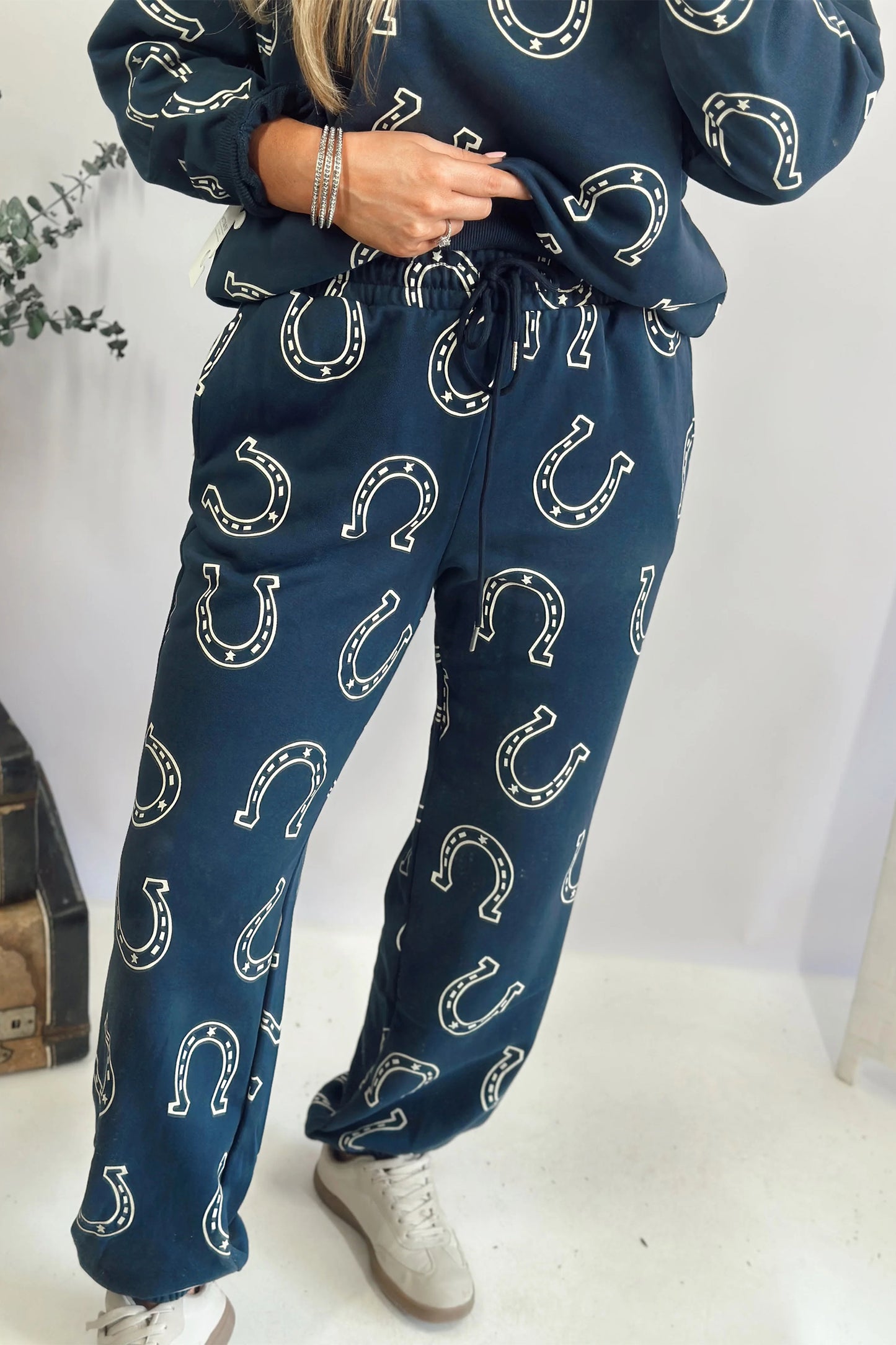 Blue Western Print Elastic Waist Pocket 2pcs Pant Set