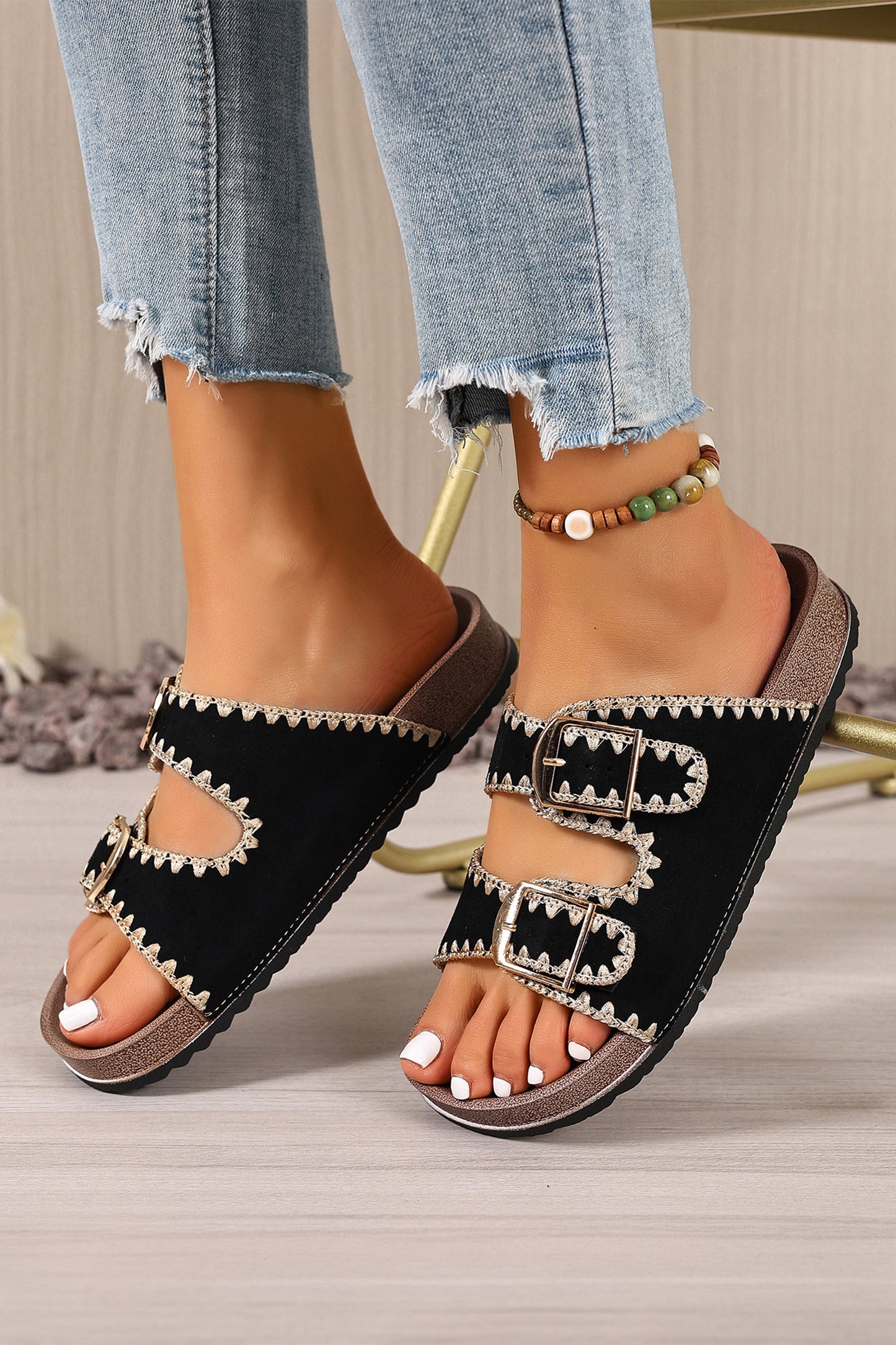 Black Embroidered Trim Retro Buckle Faux Suede Slippers