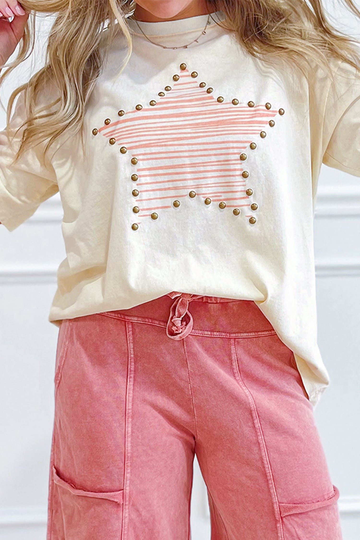 Beige Star Print Stud Detail Cotton Jersey Top