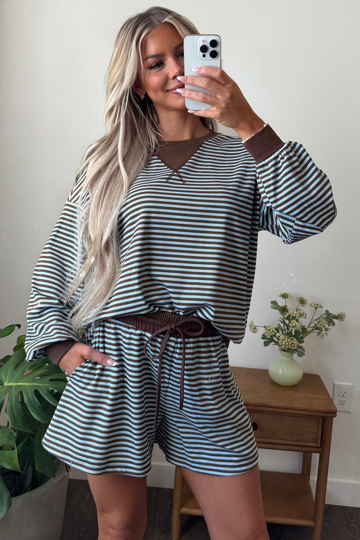 Brown Stripe Oversized Long Sleeve Top Drawstring Loose Shorts 2pcs Set