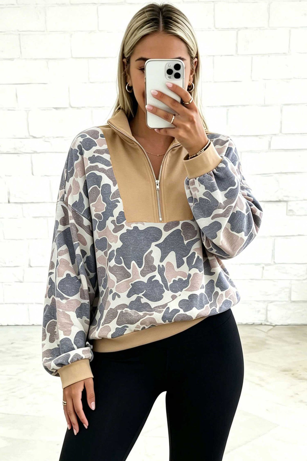 Multicolour Camouflage Print Color Block Trim Zipper Stand Neck Pullover Sweatshirt