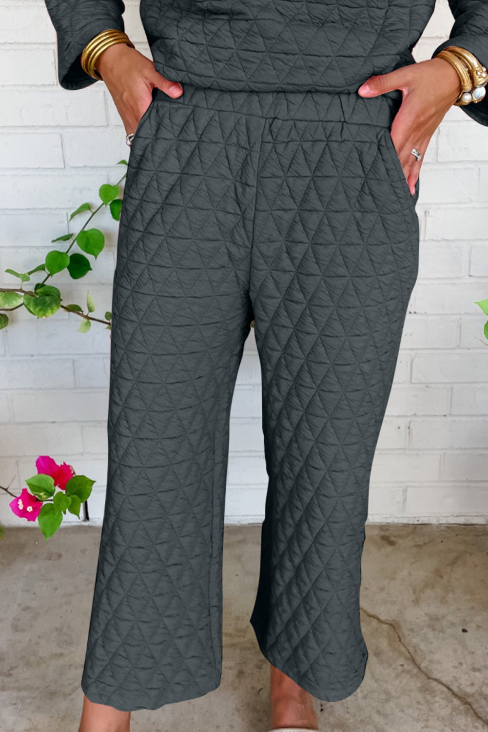 Conjunto de pantalón y jersey acolchado liso verde salvia