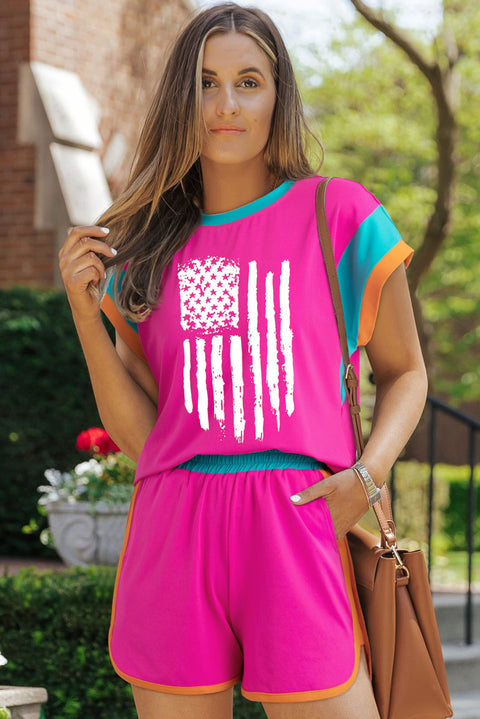 Rose Red Color Block USA Flag Print Loose Fit Two Piece Shorts Set