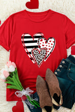 Red Leopard Striped Heart Shaped Print Crew Neck T Shirt