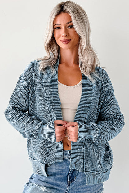 Dark Brown Mineral Wash Exposed Seam Patchwork Knit Open Sweater Cardigan