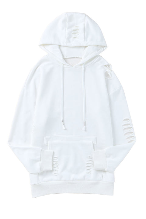 White Solid Ripped Hooded Sweatshirt with Kangaroo Pocket