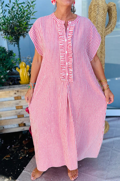 Black Stripe Frilled Detail Half Buttons Short Sleeve Long Dress