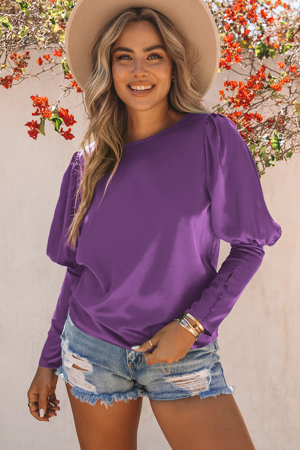 Satin Buttoned Cuffs Puff Sleeve Top