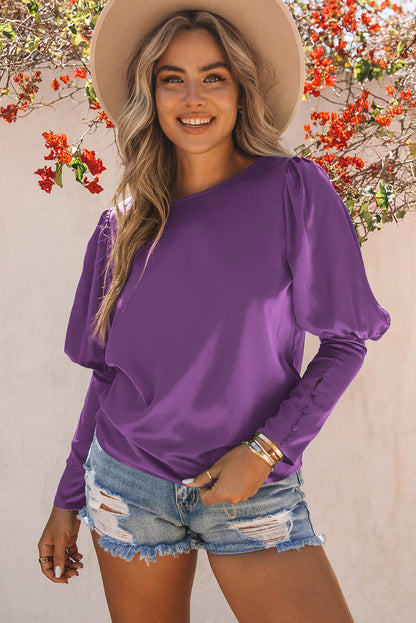 Satin Buttoned Cuffs Puff Sleeve Top