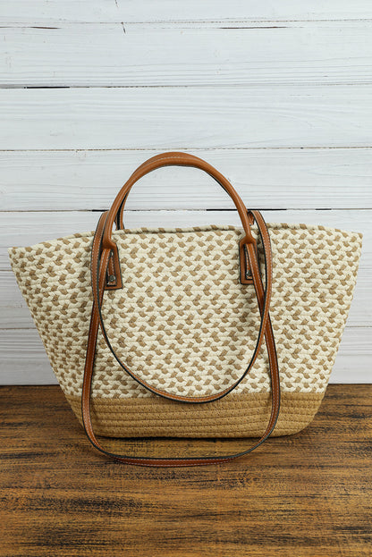 Beige Contrast Woven Leather Handle Single Shoulder Bag