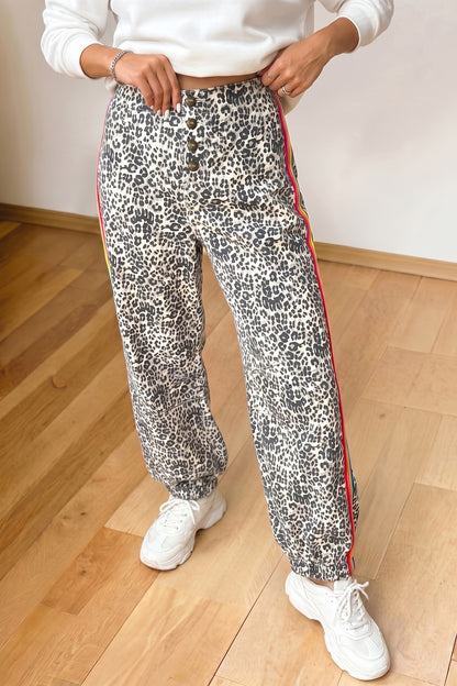 Brown Leopard Print Rainbow Striped Detail Buttoned Loose Jogger Jeans