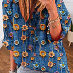 Blue Floral Collared V Neck Roll up Sleeve Shift Blouse