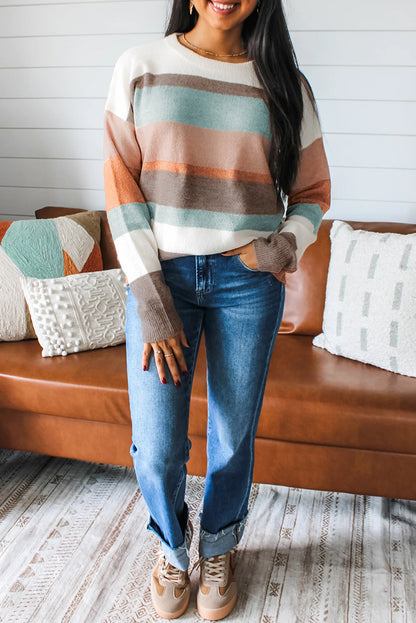 White Striped Color Block Knit Drop Shoulder Sweater