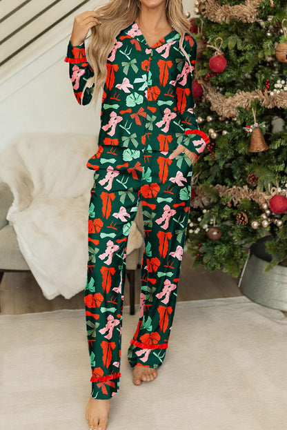 Green Festive Bow Print 2pcs Pajama Pant Set