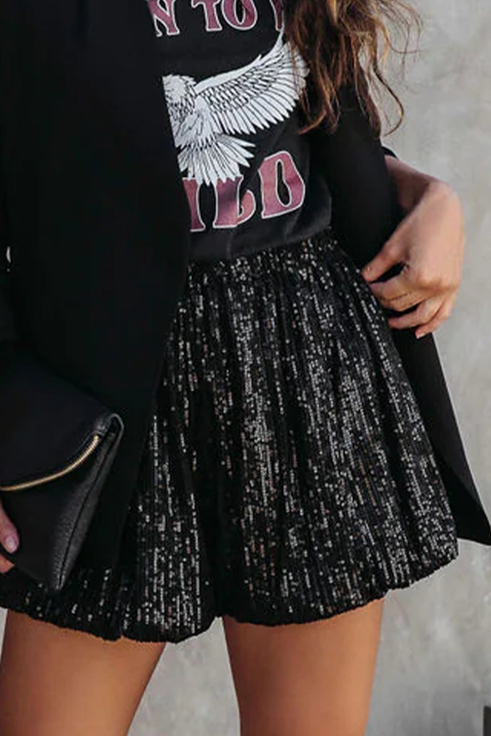 Short décontracté taille haute à jambe droite et paillettes noires