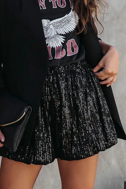 Short décontracté taille haute à jambe droite et paillettes noires