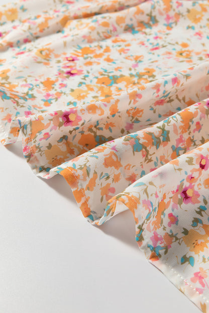 Mini-robe jaune style bohème à fleurs, col en V, volants, taille empire, manches longues