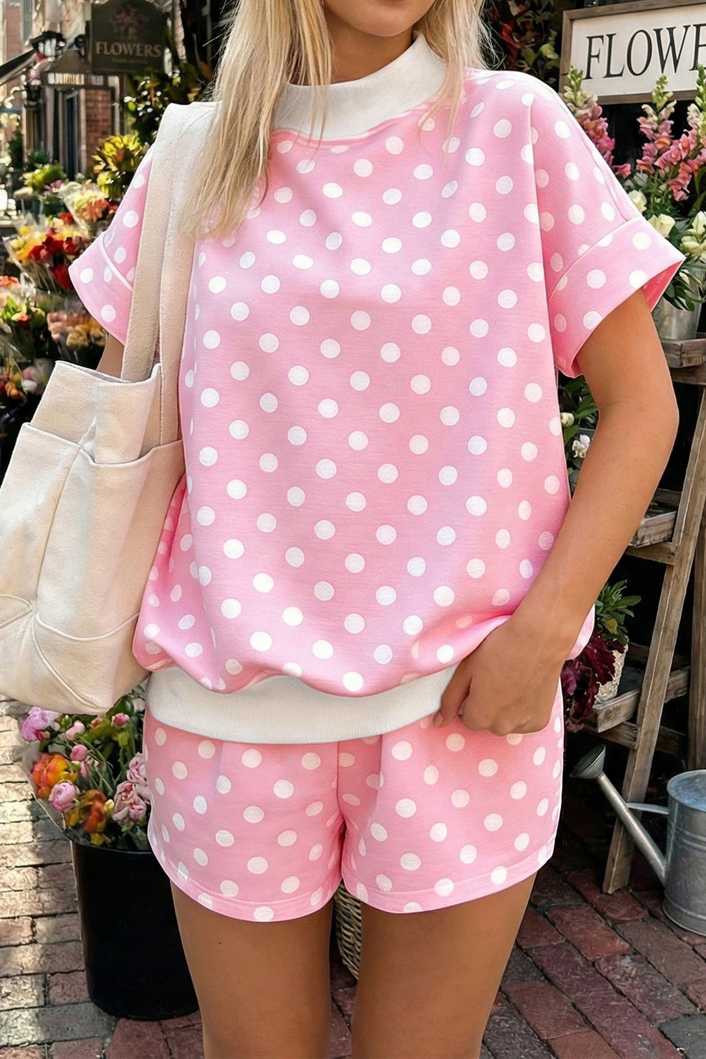 Green Polka Dot Print Color Block Trim Mock Neck Short Set