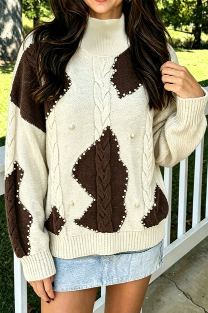 Beige Cable Detail Knit Beaded Western Spots Casual Sweater