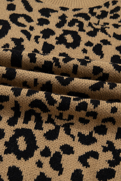 Light French Beige Ribbed Trim Round Neck Leopard Drop Shoulder Sweater