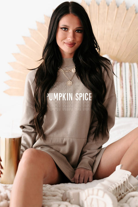 Khaki Pumpkin Spice Print Ribbed Trim Sweatshirt Dress