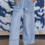 Beau Blue Drawstring Seam Detail Raw Hem Wide Leg Denim Pants