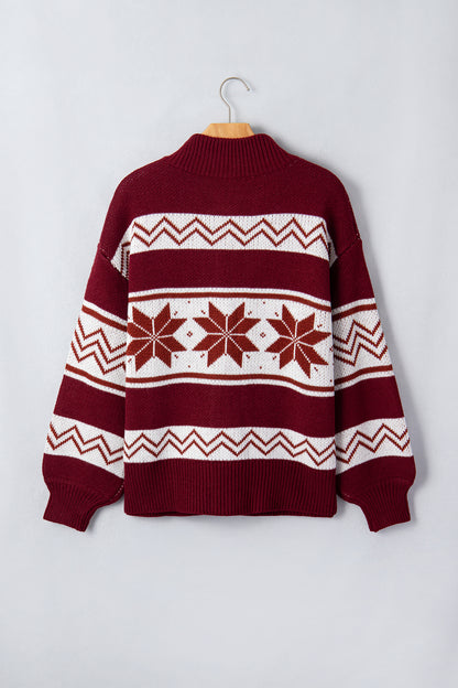Red Geometric Pattern Zip-Up Knit Long Sleeve Regular Fit Cardigan