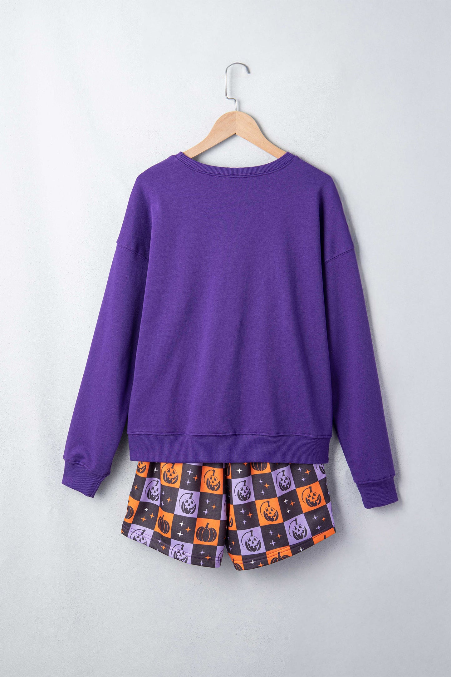 Orange Witch Letter Print Long Sleeve Top Checkered Elastic Waist Shorts Set