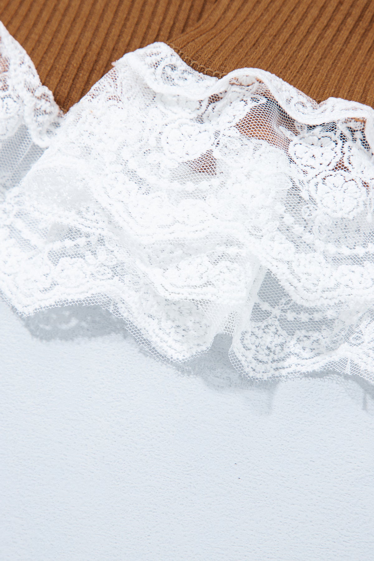 Coffee Ribbed Knit Sweet Lace Hem Vest