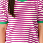 Rose Stripe Short Puff Sleeve Contrast Trim Round Neck Tee