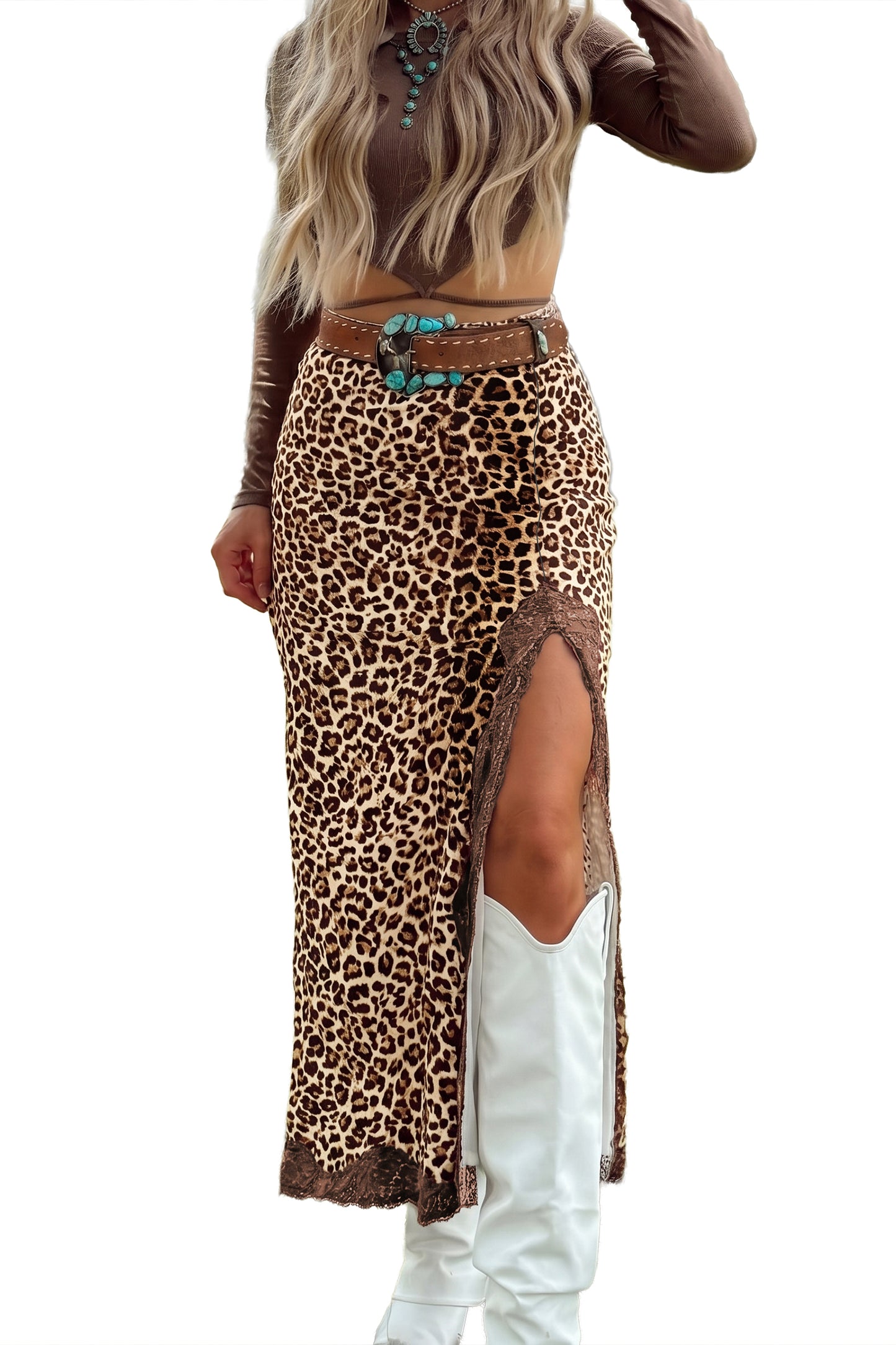 Khaki Cheetah Print Trim Split Long Western Skirt