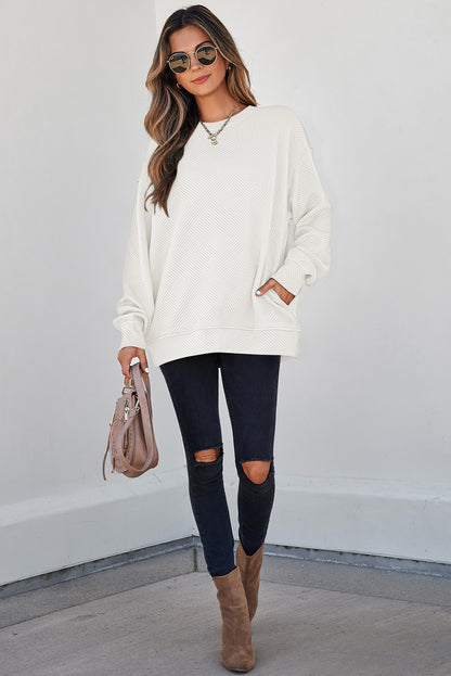 White Solid Color Textured Round Neck Drop Shoulder Pullover Sweatshirt