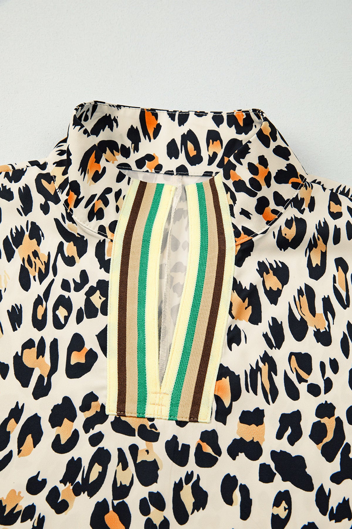 Khaki Leopard Color Block Contrast Striped V Neck Half Sleeve Loose Fit Blouse