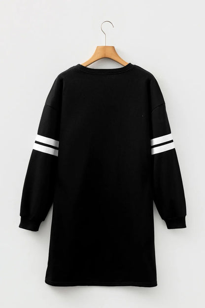Black Sequin Ghost Graphic Varsity Striped Sleeve Halloween Sweatshirt Dress
