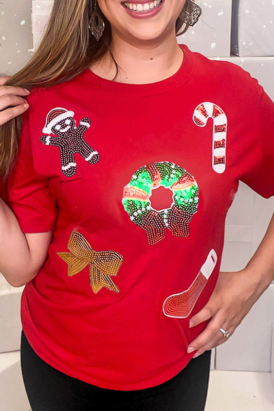 Red Christmas Sequin Pattern Crew Neck Graphic Tee