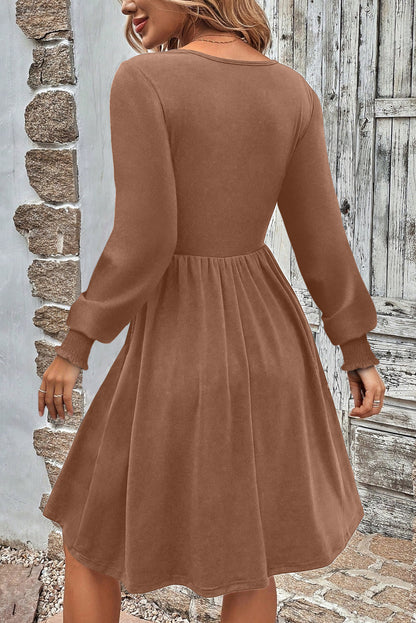 Chestnut Shirred Cuff Long Sleeve Button Round Neck Mini Dress