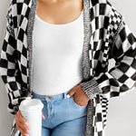 Black Checkered Bubble Sleeve Drop Shoulder Open Cardigan