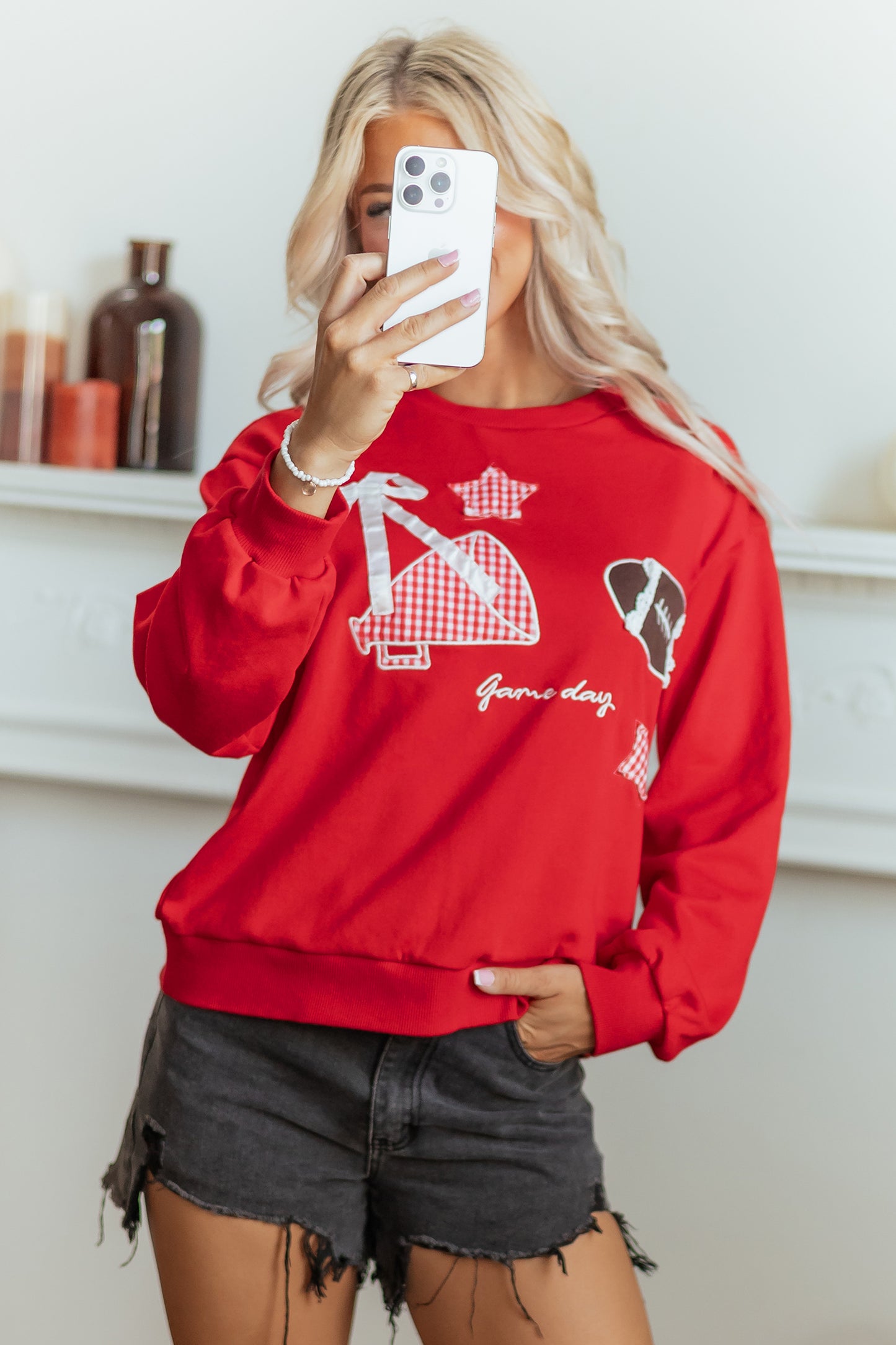 Racing Red Gingham Patch Embroidered Rugby Game Day Stars Sweatshirt
