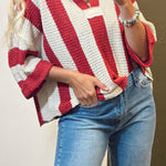 Red Stripe Colorblock V Neck Bracelet Sleeve Sweater