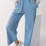 Sky Blue Checkered Elastic High Waist Loose Casual Pants