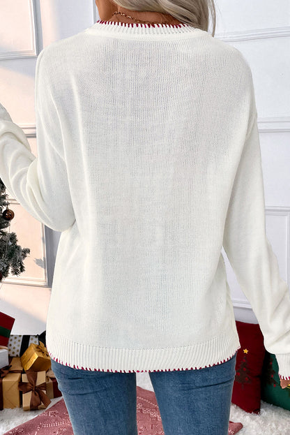 Pull graphique ample de Noël à motif de nœud blanc et bordure contrastée