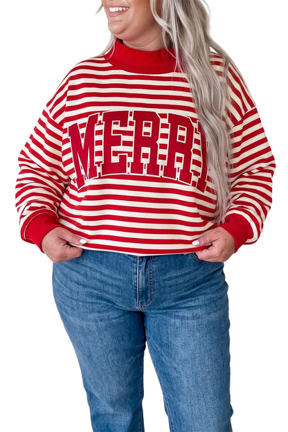 Red Stripe Plus Size MERRY Festive Letter Embroidery Patched Graphic Pullover Sweatshirt