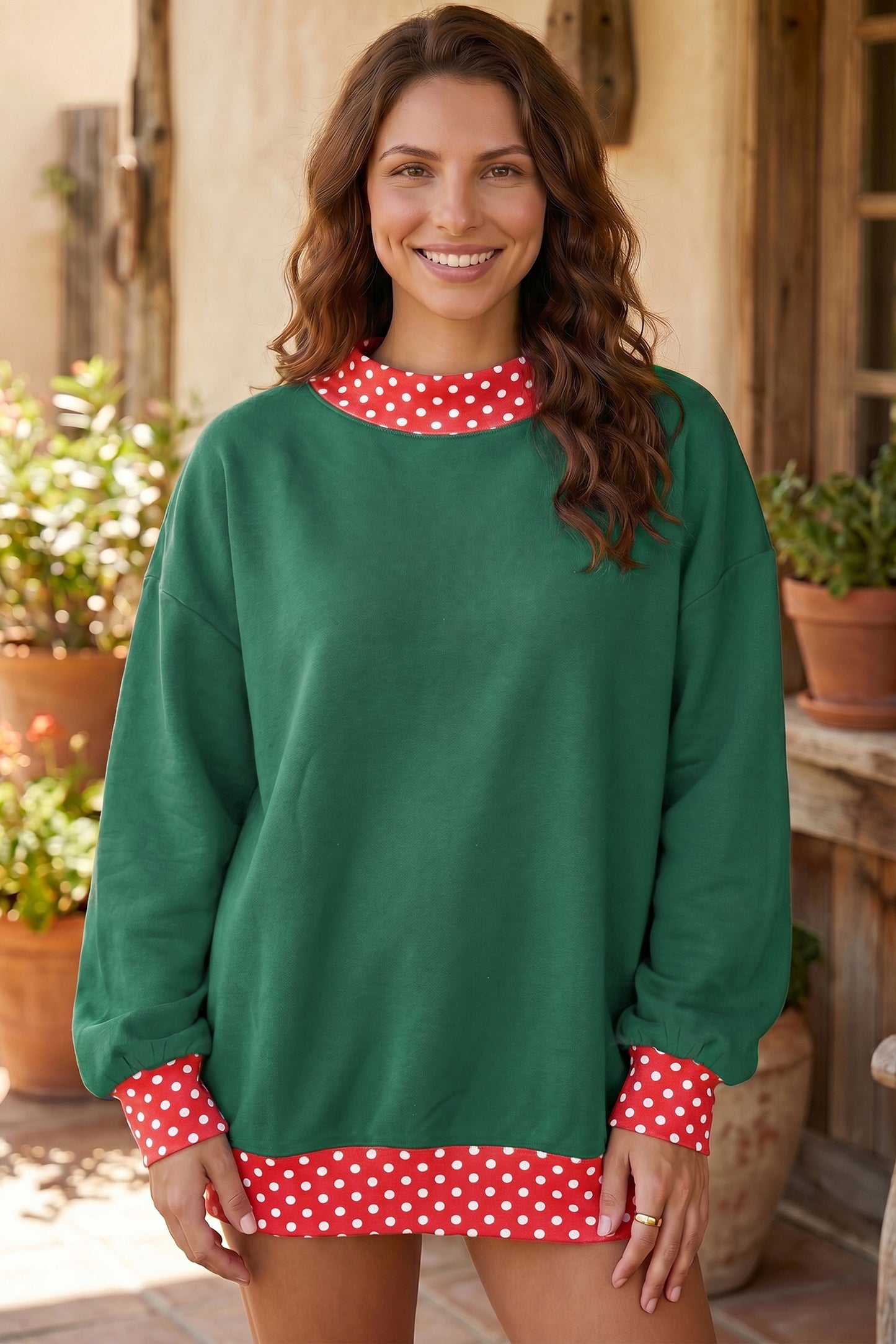 Dark Green Colorblock Polka Dot Contrast Trim Oversized Sweatshirt