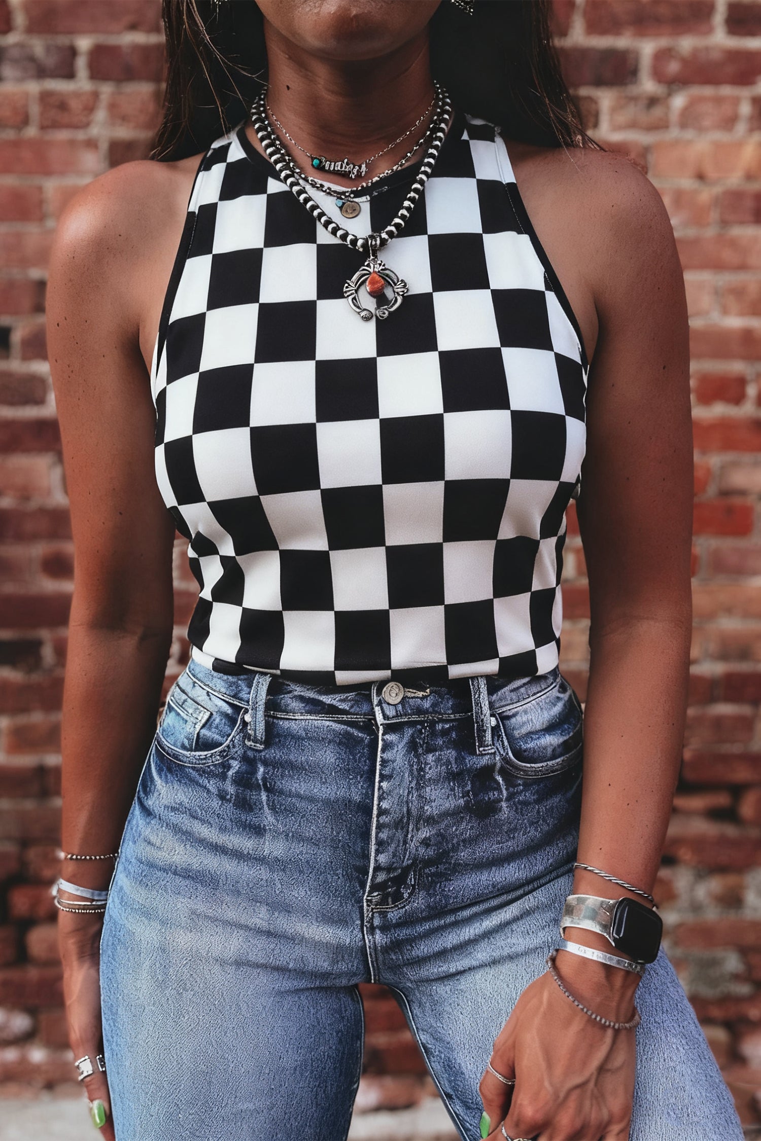 Black Checkerboard Printed Slim Tank Top
