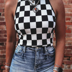 Black Checkerboard Printed Slim Tank Top