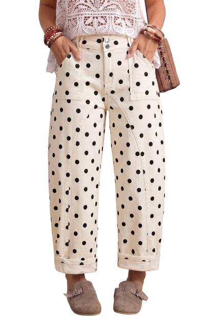 White Polka Dot Curved-Knife Ankle Denim Pants