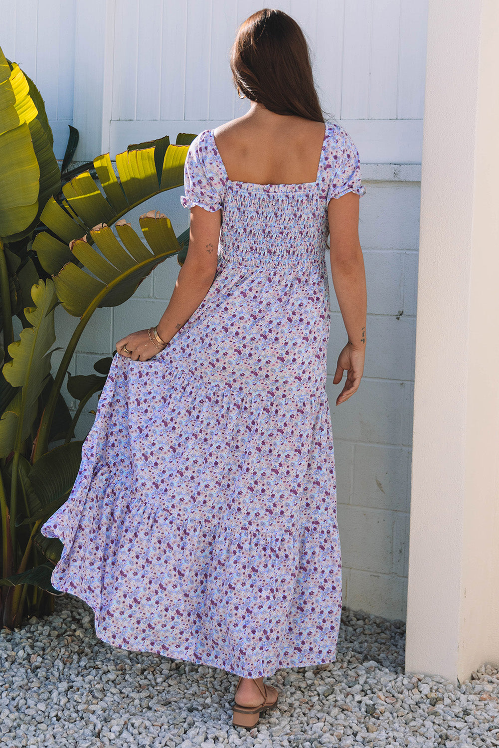 Pink Floral Short Bubble Sleeve Shirred High Waist Maxi Dress