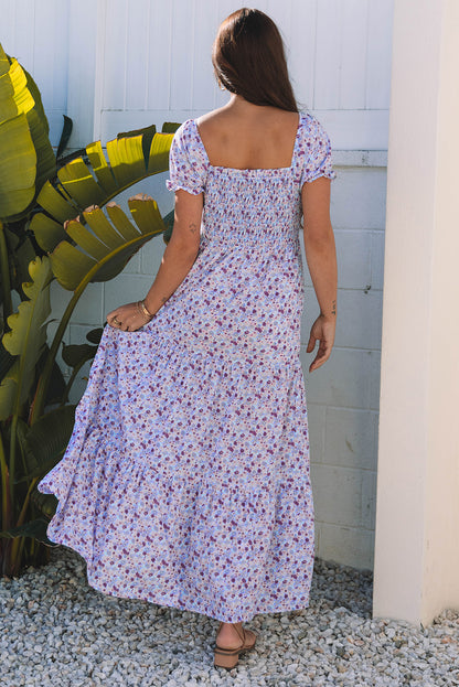 Pink Floral Short Bubble Sleeve Shirred High Waist Maxi Dress